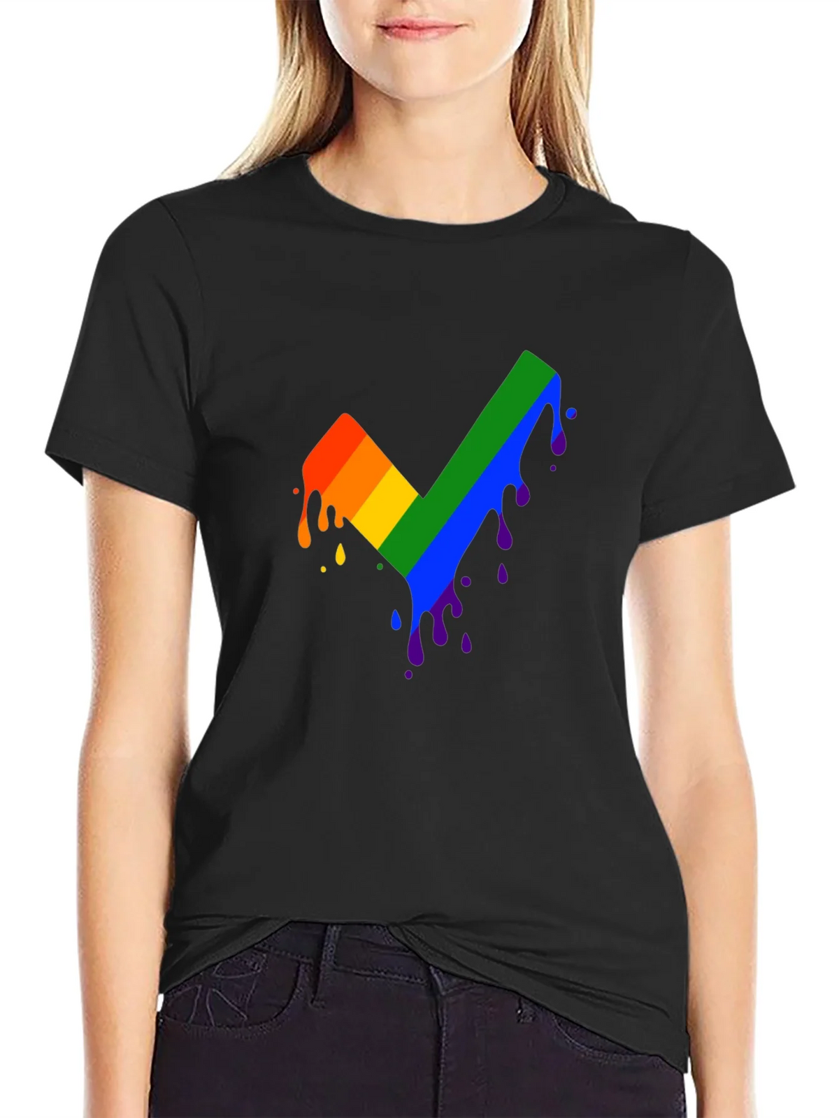 Rainbow Dripping Checkmark Black T-Shirt