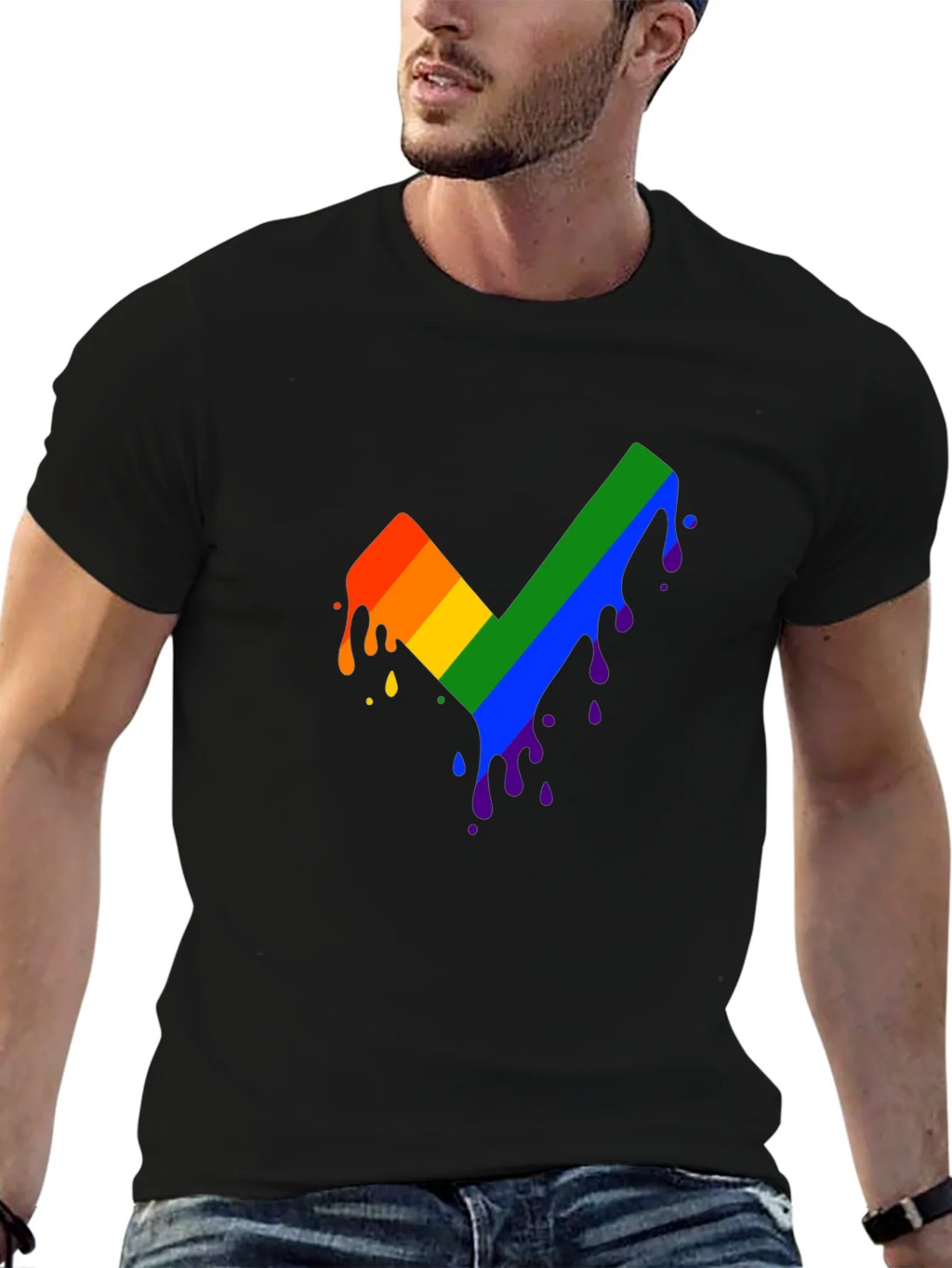 Rainbow Dripping Checkmark Black T-Shirt
