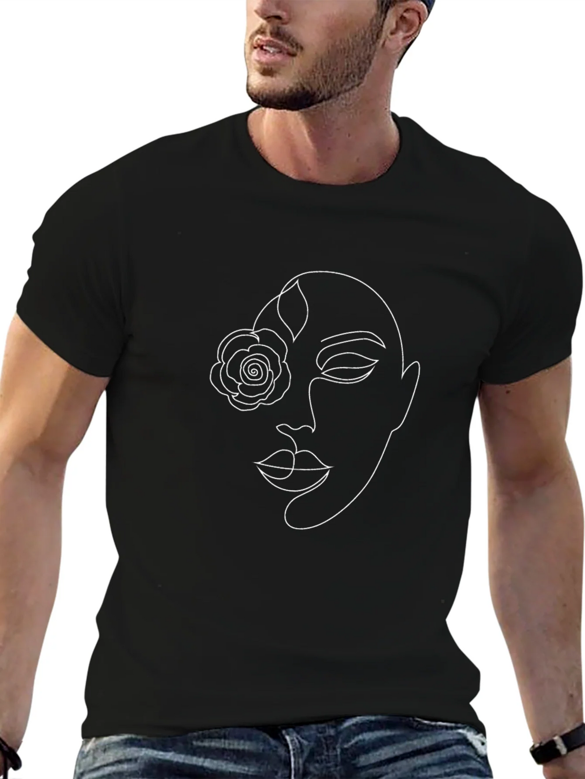 Abstract Face Line Art Graphic Tee - Black